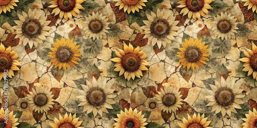 Vibrant sunflower pattern with earthy tones and textures.