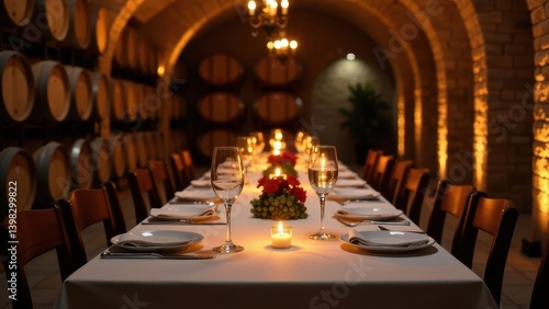 Romantic candlelit dinner setting in a rustic wine cellar with wooden barrels and elegant table setting