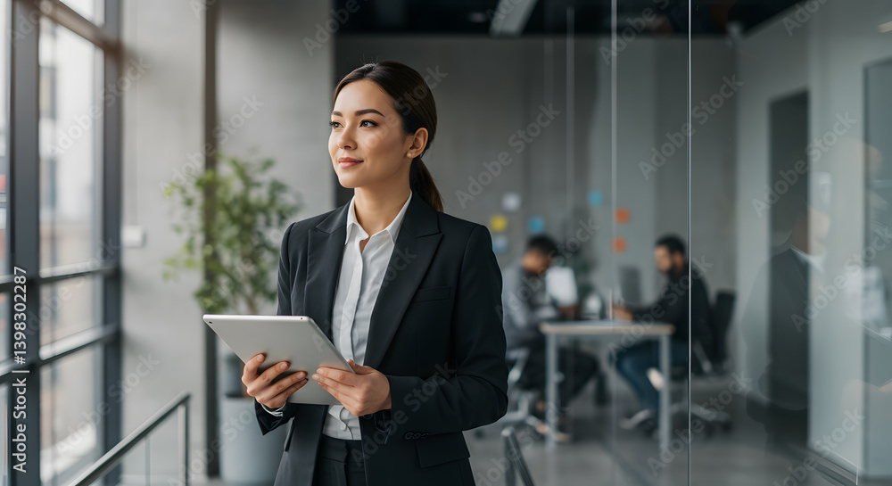 Professional businesswoman executive with a tablet, gazing thoughtfully. Background: modern office with managers in discussion, reflecting a focused business environment. Professional businesswoman executive with a tablet, gazing thoughtfully. Background: modern office with managers in discussion, reflecting a focused business environment.