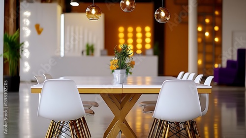 Modern Minimalist Office Break Room Table with White Chairs and Yellow Flowers