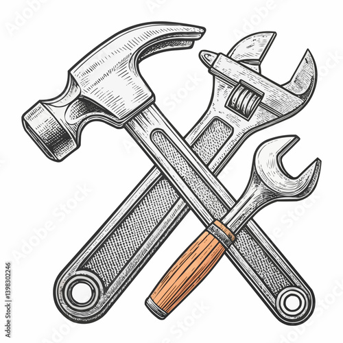  Vector icon of a crossed gray metal hammer and wrench symbolizing tools and repair against a white background
