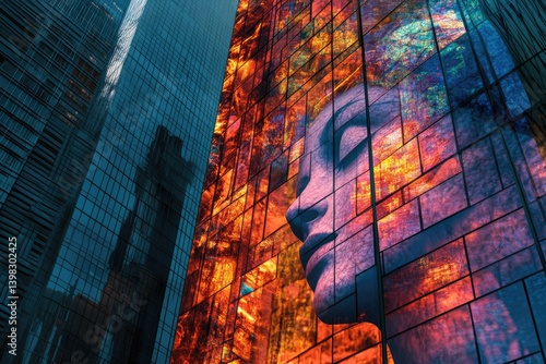 A serene face emerges from a vibrant, fragmented building facade, blending modern architecture with artistic expression.