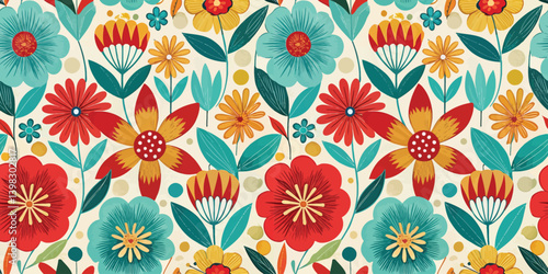 Wallpaper Mural Vibrant floral pattern featuring colorful blossoms and green leaves. Torontodigital.ca