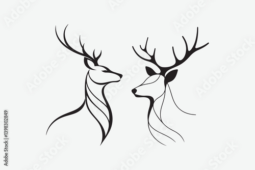 Abstract minimalist line art, elegant deer silhouette, stark black against white background, clean lines, negative space mastery, modern and sleek, high contrast, monochromatic, digital medium, high r