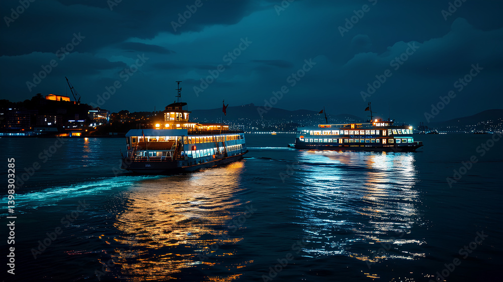 Obraz premium Cruise ship sailing in the dark night 