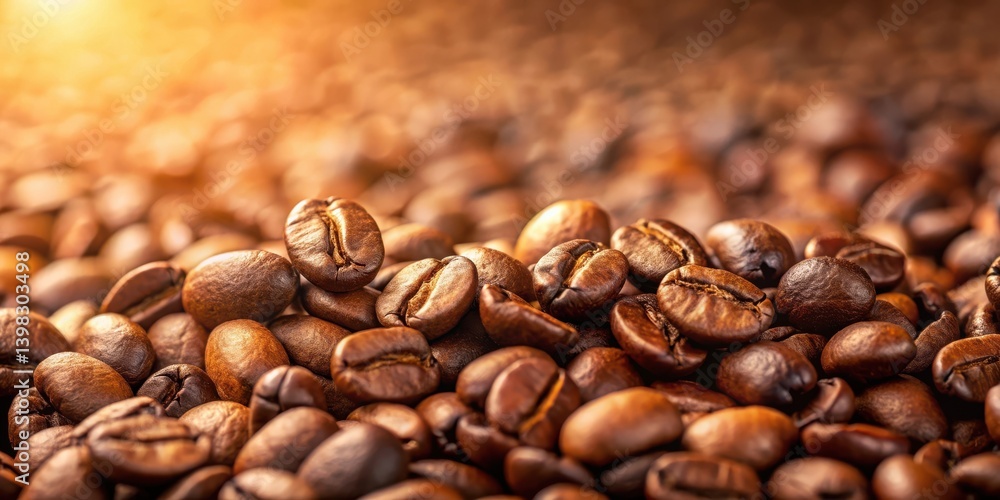 Fototapeta premium Close-up view of roasted coffee beans, showcasing rich brown tones and textures, illuminated by warm light