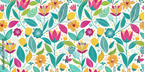 Colorful floral pattern with vibrant flowers and leaves on a light background.