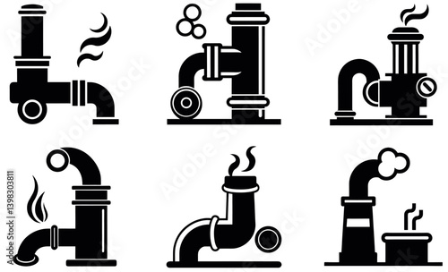 Black Silhouette Pipes and Steam Icons Set