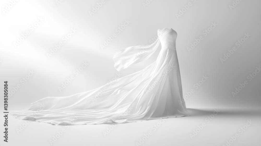 Softly lit white dress on a white background, highlighting its design Softly lit white dress on a white background, highlighting its design