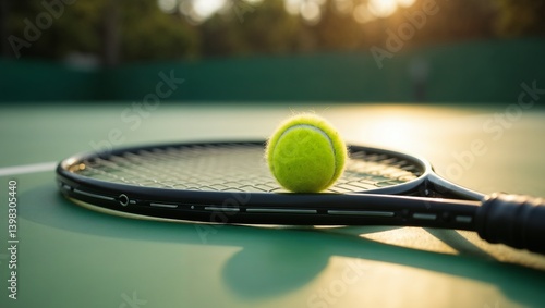 A tennis racket and a ball on a tennis court
