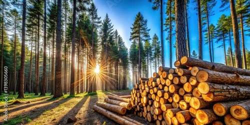 Golden Hour in a Pine Forest  A Stack of Harvested Logs Bathed in Sunlight Amongst Tall Trees
