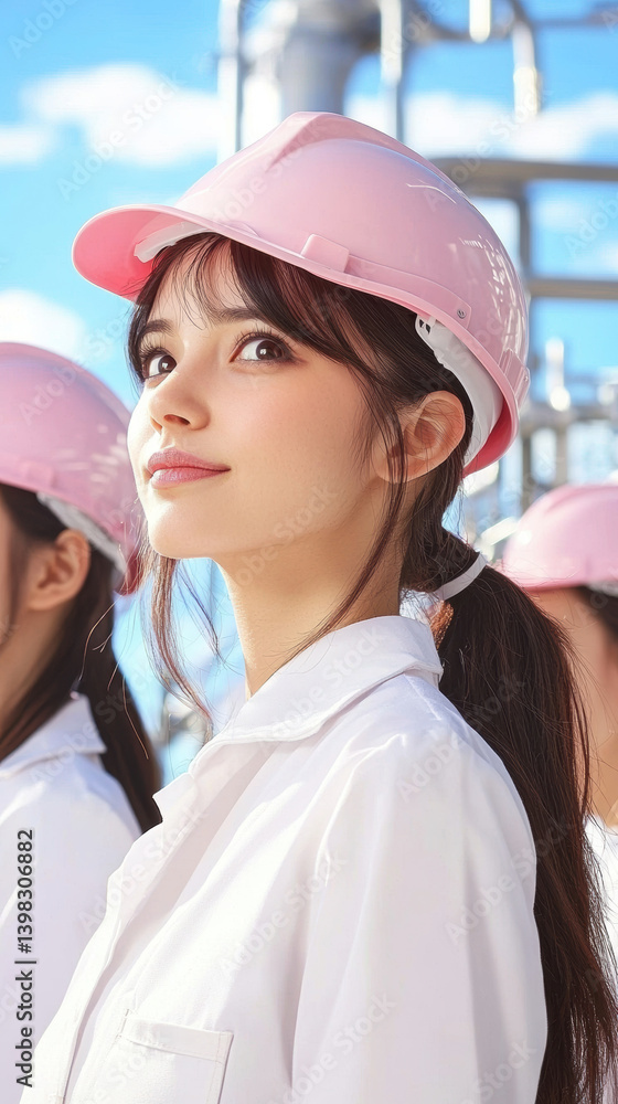 young female engineer wearing pink safety helmet and white uniform smiles confidently outdoors young female engineer wearing pink safety helmet and white uniform smiles confidently outdoors