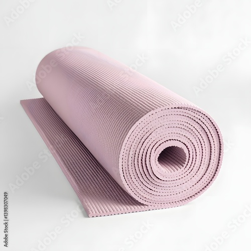 Rolled pastel pink yoga mat on a white background