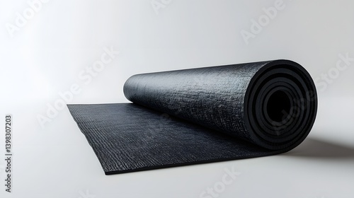 A black yoga mat unrolled on a clean minimalist surface  long title A image of a black yoga mat unrolled on a clean white background highlighting its