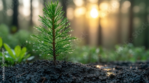 Fototapeta Naklejka Na Ścianę i Meble -  Young seedling in forest soil, morning dew