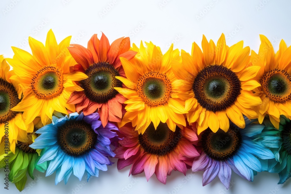 Fototapeta premium Vibrant rainbow sunflowers arranged in a row against a white background.