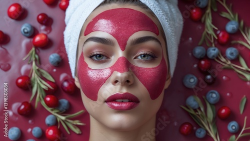 A young woman lies on a red surface, featuring a vibrant berry facial mask, surrounded by fresh cranberries and blueberries, showcasing a skincare routine with calming yet vibrant colors.