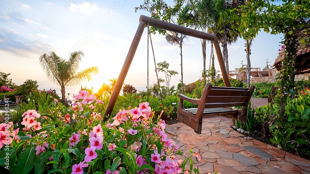 Serene Sunrise Ocean View Wooden Swing in Lush Tropical Garden with Pink Flowers Serene Sunrise Ocean View Wooden Swing in Lush Tropical Garden with Pink Flowers