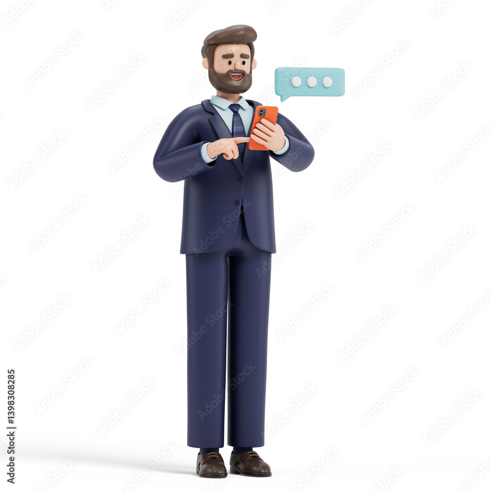 Man in business attire holding a phone, symbolizing communication and modern business. 3D rendering, conceptual image. Isolated on white background. Man in business attire holding a phone, symbolizing communication and modern business. 3D rendering, conceptual image. Isolated on white background.