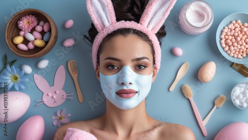 Young woman with bunny ears and a blue facial mask surrounded by pastel Easter decorations and beauty products.
