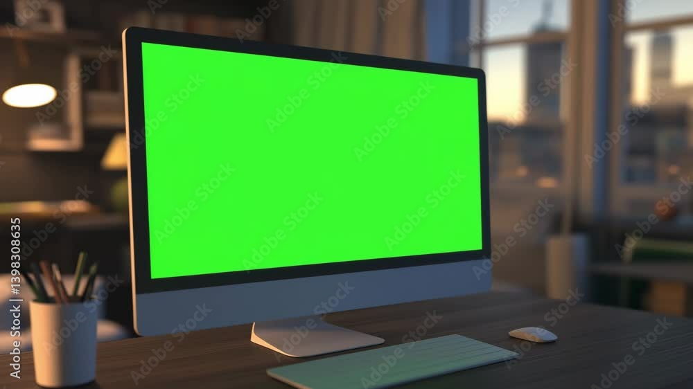 A computer monitor with a green screen is positioned on a wooden desk surrounded by natural light in a contemporary office A computer monitor with a green screen is positioned on a wooden desk surrounded by natural light in a contemporary office