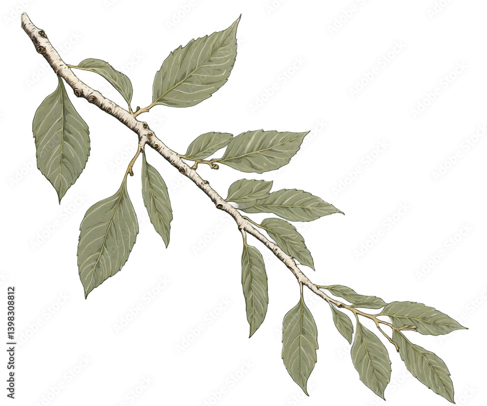 Fototapeta premium Detailed Illustration of a Birch Branch with Delicate Green Leaves, Evoking a Sense of Natural Beauty and Tranquility, Ideal for Botanical Designs