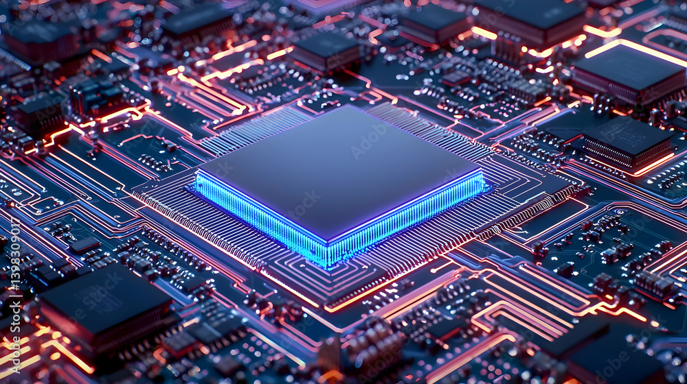 Detailed View Of Glowing Circuit Board With Processor Detailed View Of Glowing Circuit Board With Processor
