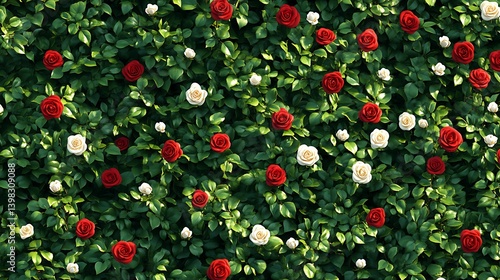 Fototapeta Naklejka Na Ścianę i Meble -  A vibrant display of red and white roses amongst lush green foliage.