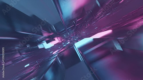 A sci-fi inspired VJ loop featuring rotating metal cubes surrounded by soft blue fog and radiant blue and pink bloom effects. The loop creates a futuristic, ambient atmosphere.
