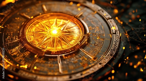 A traditional feng shui compass glowing with intricate designs and spiritual energy