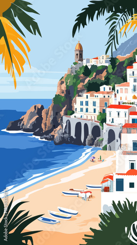 Retro Amalfi Coast Travel Poster in Vibrant Minimalist Vector Style