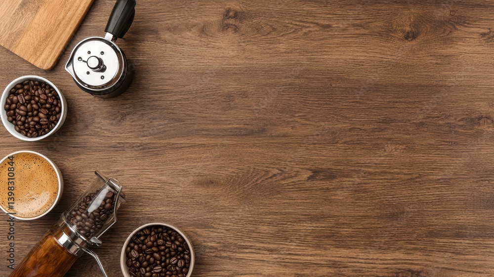 A cozy coffee setup with beans, brewed coffee, and a grinder on a wooden table, perfect for caffeine lovers and baristas. A cozy coffee setup with beans, brewed coffee, and a grinder on a wooden table, perfect for caffeine lovers and baristas.