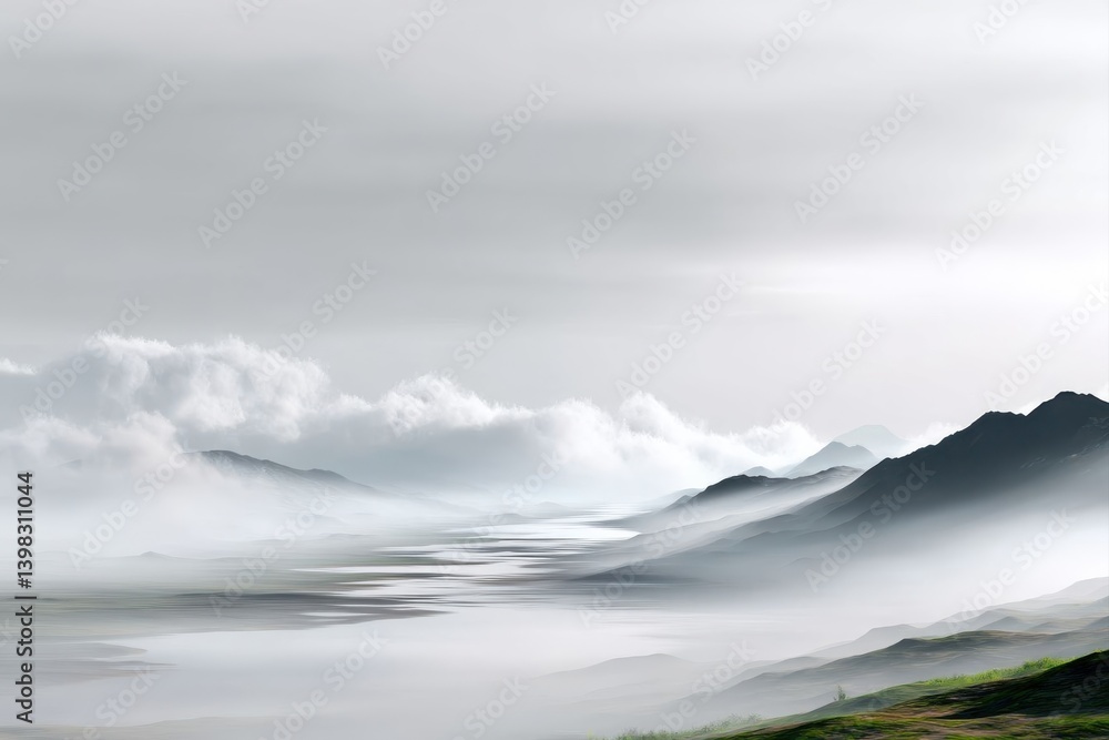 Misty Mountains and Calm Waters in a Serene Landscape Misty Mountains and Calm Waters in a Serene Landscape