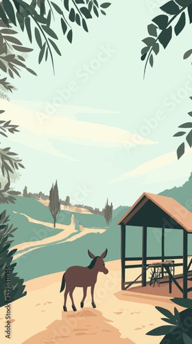 Rustic Landscape with Donkey and Wooden Stable in Serene Nature Scene