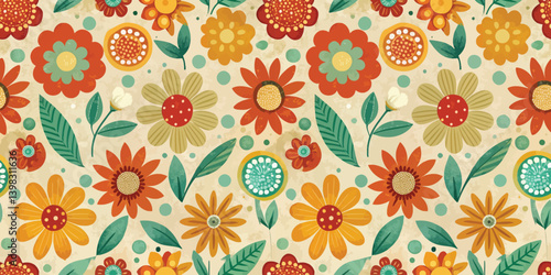Vibrant floral pattern featuring colorful blooms and leafy accents.