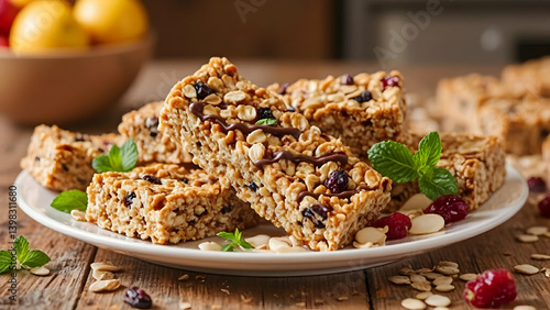 Delicious Granola Bars on Plate with Dried Cranberries and Chocolate Drizzle