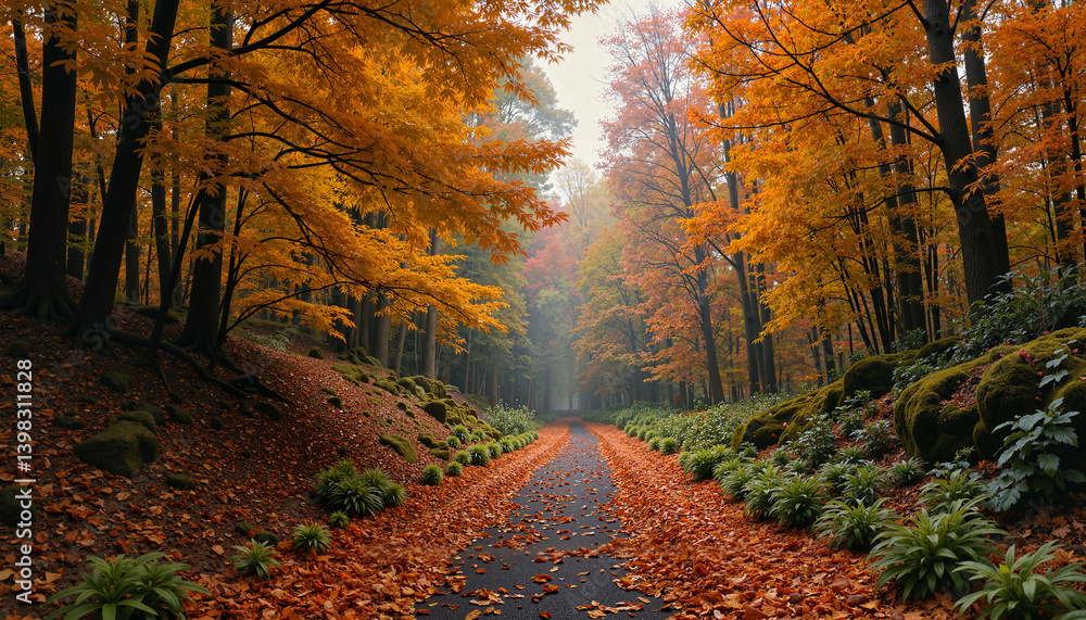 Fototapeta premium Autumn forest path with vibrant foliage and misty ambiance 