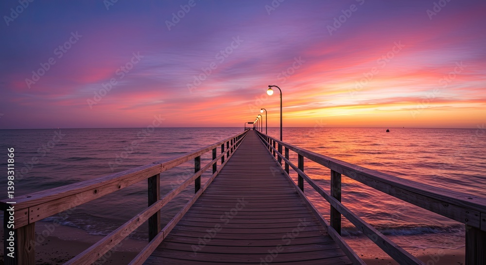 Wooden Pier Extending Into Ocean During Sunset with Pink Orange and Purple Sky Wooden Pier Extending Into Ocean During Sunset with Pink Orange and Purple Sky