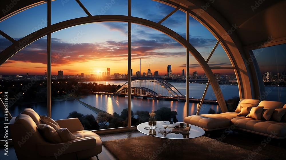 Fototapeta premium Luxury Apartment with Panoramic City Sunset View