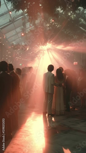 Elegant slow dance under golden light beams at retro prom, gentle handheld camera moving through silhouettes of couples in romantic vintage ballroom atmosphere.