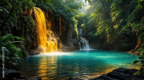 Fototapeta Naklejka Na Ścianę i Meble -  Golden Waterfall Cascading Into Emerald Pool in Lush Tropical Jungle