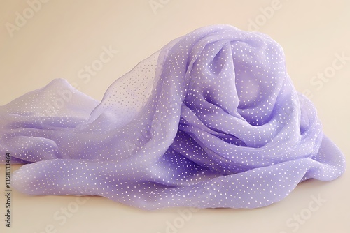 A lightweight scarf in pastel purple with delicate polka dots, draped softly over the shoulders, set against a light taupe background.