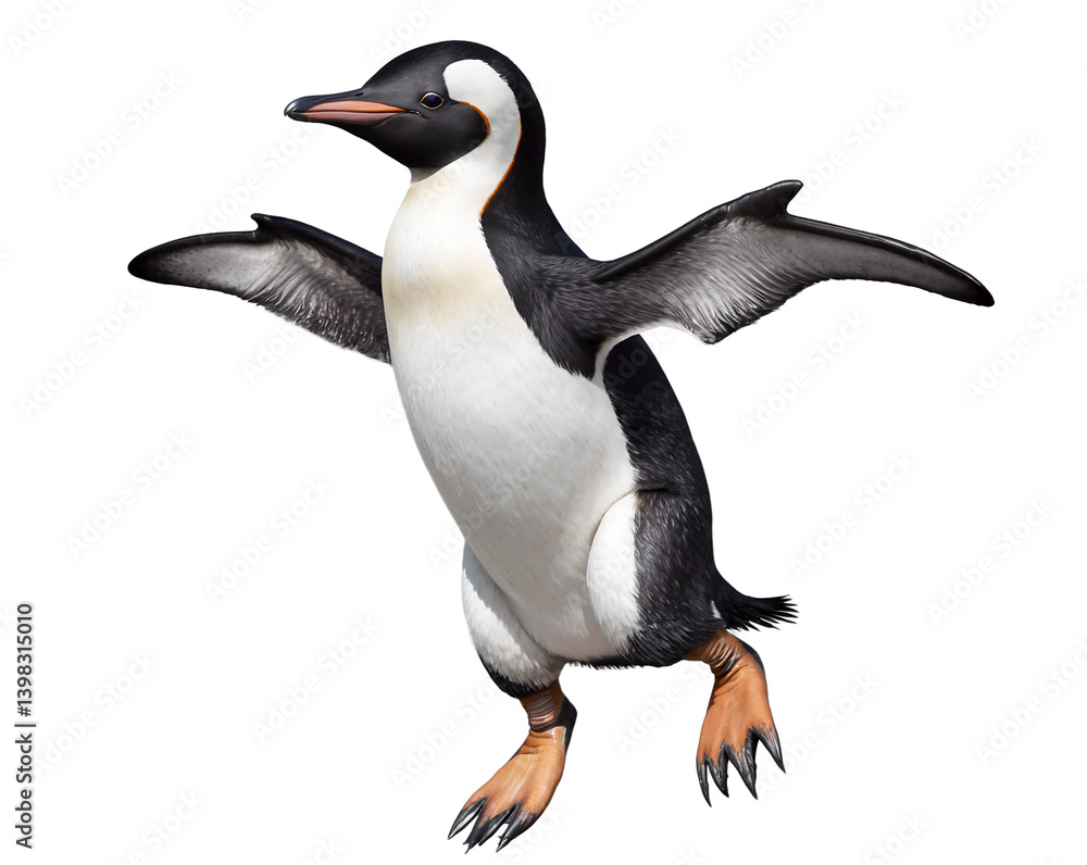 Obraz premium Dynamic penguin mid-jump, A vibrant portrait of wildlife motion, celebrating nature's agility and capturing the essence of this unique bird in playful action against a serene void