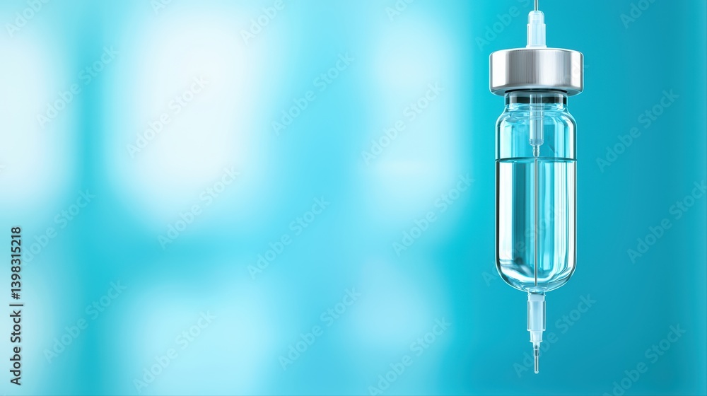Clear medical vial with liquid hanging in air Clear medical vial with liquid hanging in air