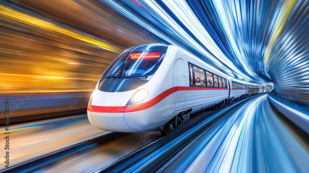 Fototapeta premium High-speed train moving through tunnel at night