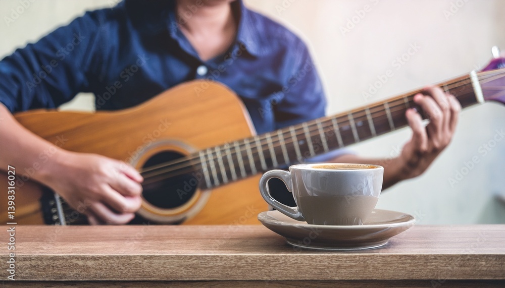 Fototapeta premium A cup of coffee and hands playing a guitar