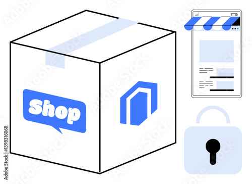 Package with shop label, e-commerce storefront window, secure padlock symbol. Ideal for online shopping, delivery, cyber security, e-commerce, trust, retail security flat simple metaphor
