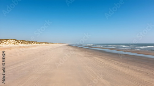 Empty Sandy Beach Meets Calm Ocean Under Sunny Sky