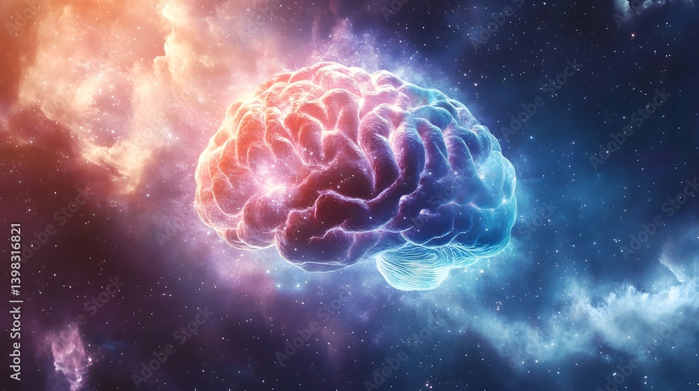 Brain's Cosmic Symphony: A vibrant, artistic rendering of the human brain set against the backdrop of a mesmerizing nebula, symbolizing the boundless expanse of thought and imagination. Brain's Cosmic Symphony: A vibrant, artistic rendering of the human brain set against the backdrop of a mesmerizing nebula, symbolizing the boundless expanse of thought and imagination.