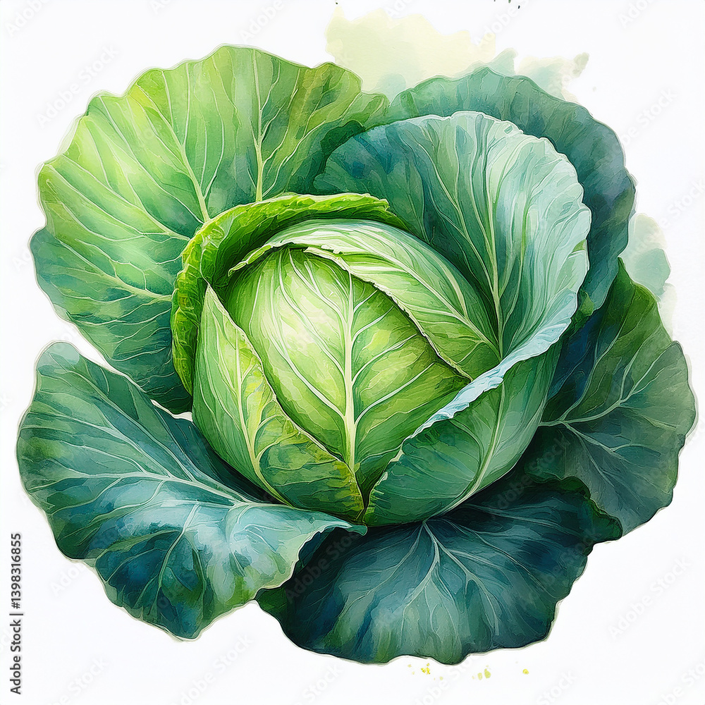 Obraz premium Watercolor painting of fresh green cabbage. Healthy farm vegetable. Vegan, organic food.